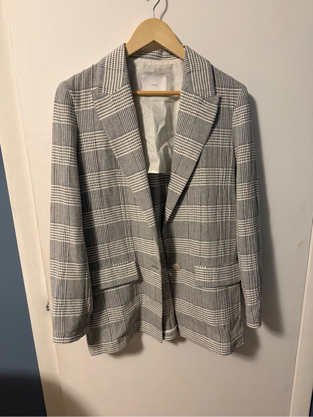 Mango Linen Blazer in Gray Check Plaid